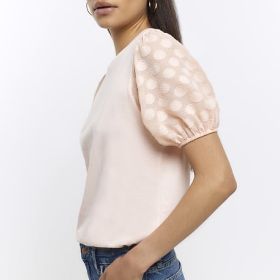 Coral woven sleeve t-shirt