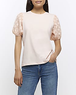 Coral woven sleeve t-shirt