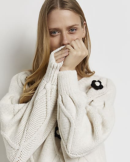 Cream 3D floral chunky knit jumper