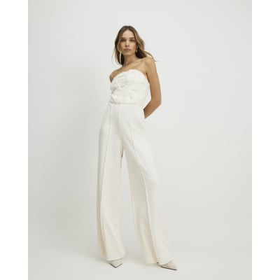 Cream 3D Flower Bandeau Jumpsuit