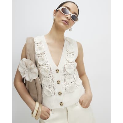 Cream 3D Flower Knitted Waistcoat | River Island