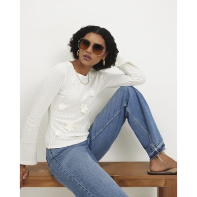 Cream 3D Flower Long Sleeve Top