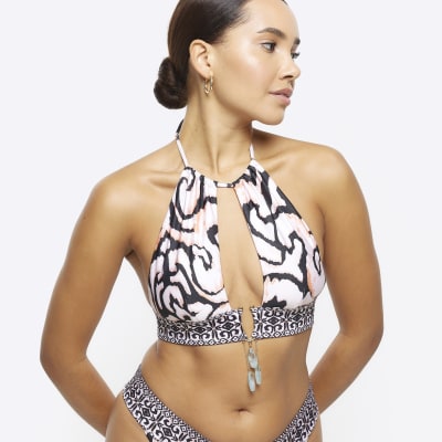 Cream abstract halter bikini top River Island