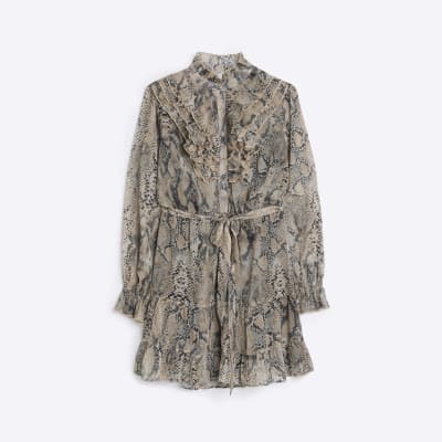 Cream animal print frill mini shirt dress