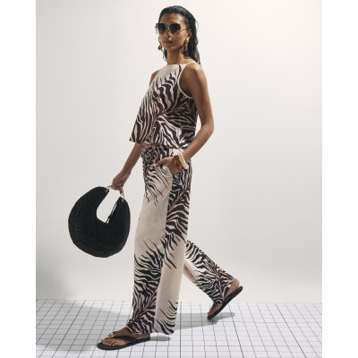 Cream Animal Print Linen Blend Trousers