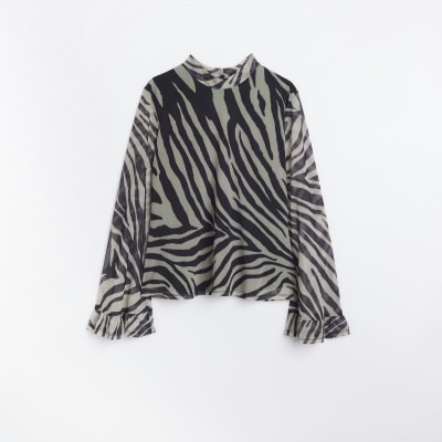 Cream animal print long sleeve blouse