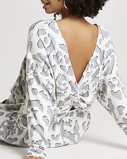 Cream animal print twist knot pyjama top