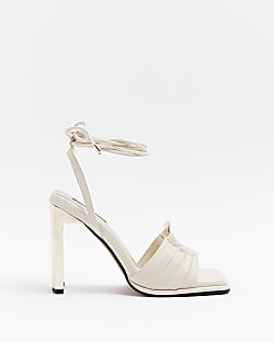 Cream ankle tie heeled sandals
