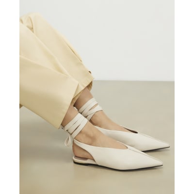 Cream Ankle Tie Pointed Toe Flat Shoes