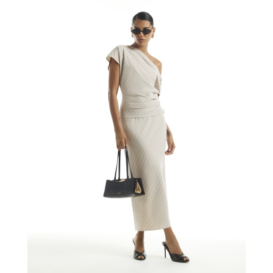 River Island Cream Asymmetric Stripe Midi Skirt