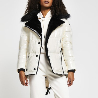 Cream aviator popper front puffer jacket | River Island