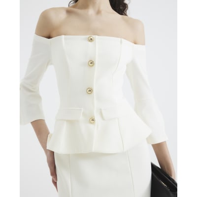 Cream Bardot Button Down Bodycon Midi Dress