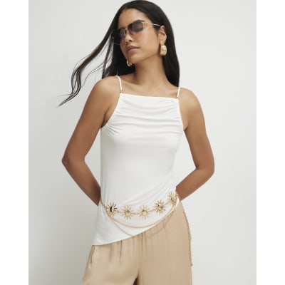 Cream Beaded Strap Cami Top