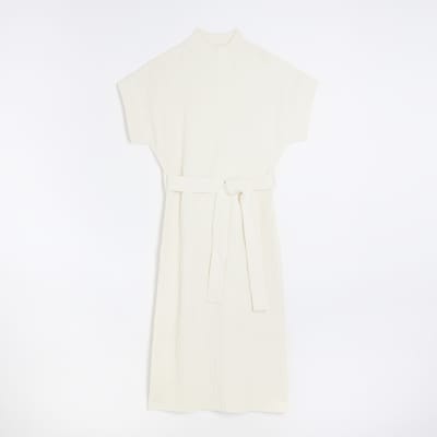 Cream belted high neck jumper midi dress River Island