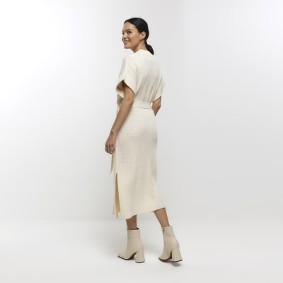 Cream belted high neck jumper midi dress River Island
