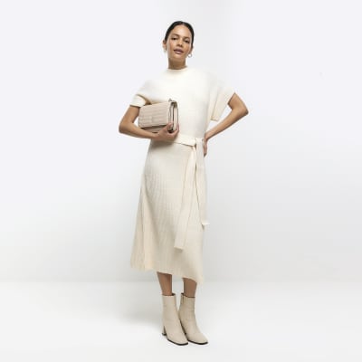 Cream belted high neck jumper midi dress River Island