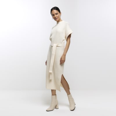 Cream belted high neck jumper midi dress River Island