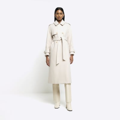 Cream belted longline trench coat | River Island