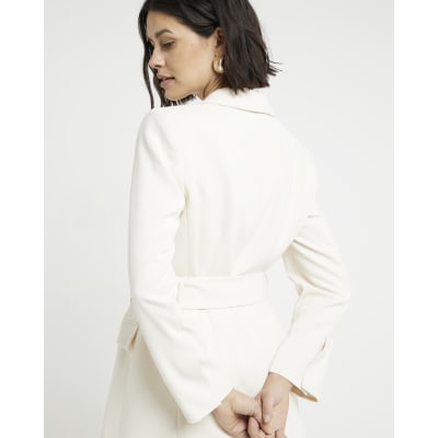 Cream belted longline wrap blazer River Island