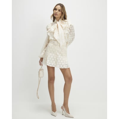 Cream Belted Spot Print Shorts