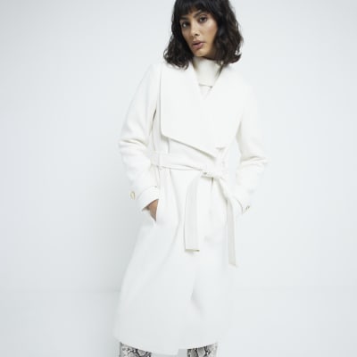 Cream belted wrap coat River Island