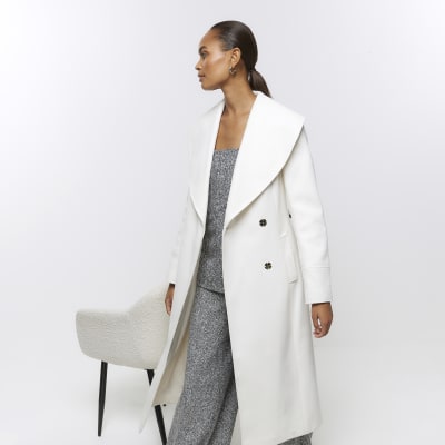 Cream belted wrap longline coat River Island
