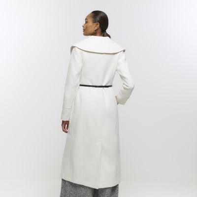 Cream belted wrap longline coat River Island