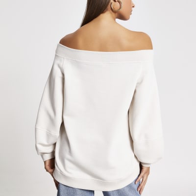 Cream blouson sleeve bardot sweatshirt