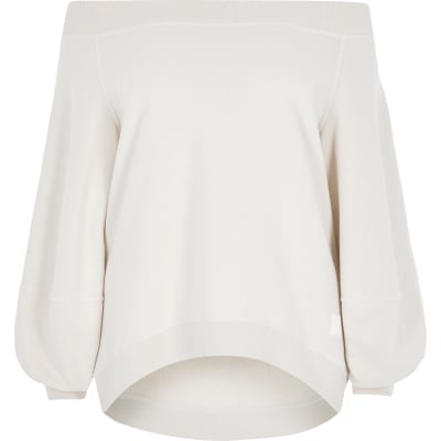 Cream blouson sleeve bardot sweatshirt
