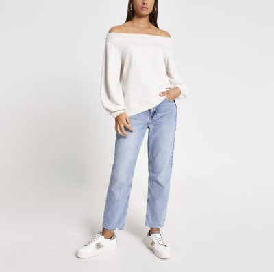 Cream blouson sleeve bardot sweatshirt