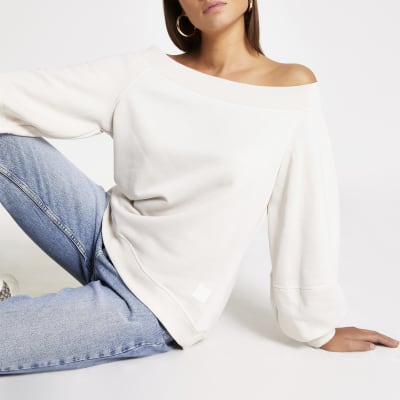 Cream blouson sleeve bardot sweatshirt