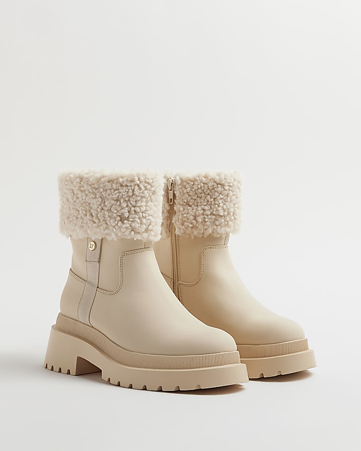 Cream borg cuff chunky ankle boots