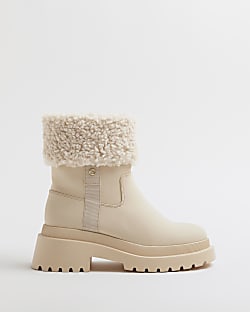 Cream borg cuff chunky ankle boots