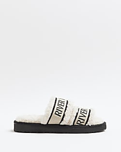 Cream borg double strap slippers