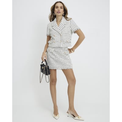 Cream Boucle Checked Mini Skirt