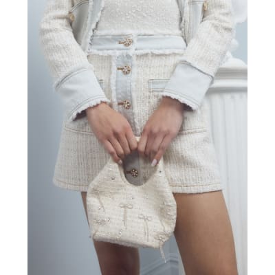 Cream Boucle Diamante Bow Clutch Bag