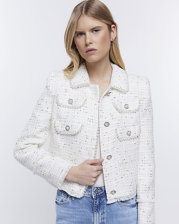 Cream boucle embellished jacket