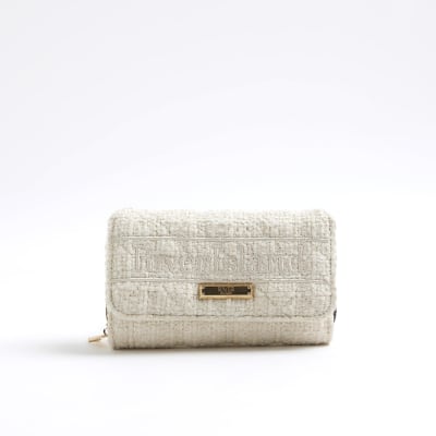 Cream Boucle Fold Over Flap Zip Around Purse