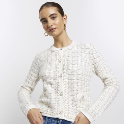 Cream boucle knit crop cardigan | River Island
