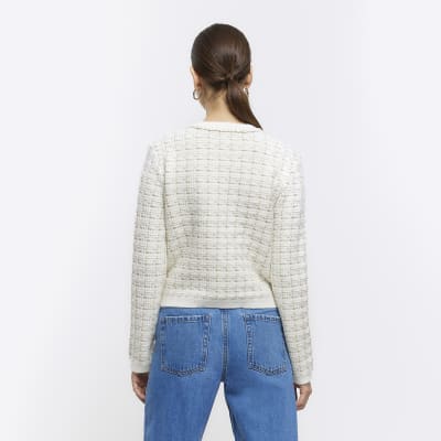 Cream boucle knit crop cardigan | River Island