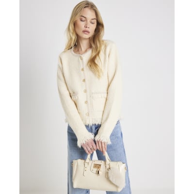 Cream Boucle Long Sleeve Fringed Cardigan
