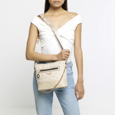 Cream boucle pearl detail cross body bag