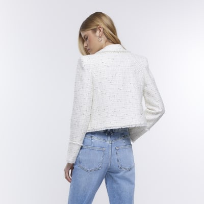 Cream boucle pearl embellished blazer River Island