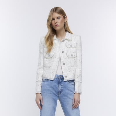 Cream boucle pearl embellished blazer | River Island