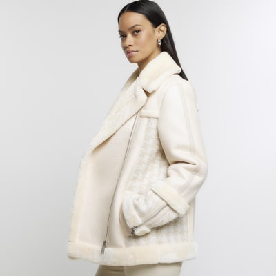 Cream boucle faux fur aviator sale jacket