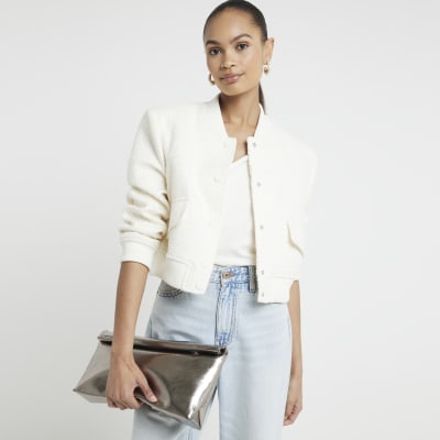 Cream Boucle Tailored Bomber Jacket River Island