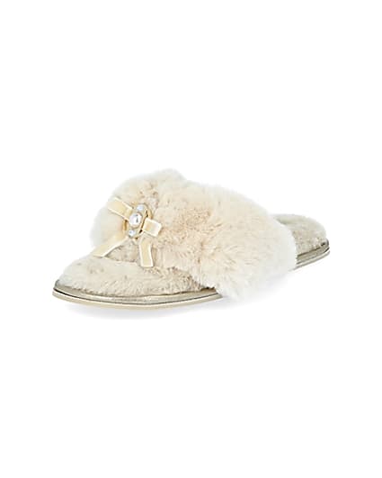 360 degree animation of product Cream bow faux fur slippers frame-0