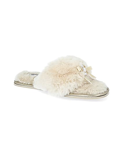 360 degree animation of product Cream bow faux fur slippers frame-17