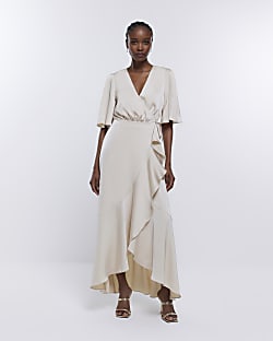 Cream Bridesmaid Waterfall Wrap Maxi Dress