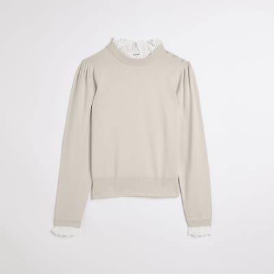 Cream broderie lace detail jumper River Island